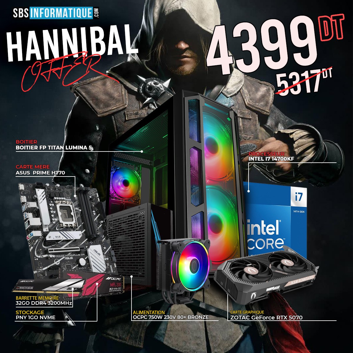 PC Gamer HANNIBAL - i7-14700F - RTX 5070 - 32Gb - 1 Tb