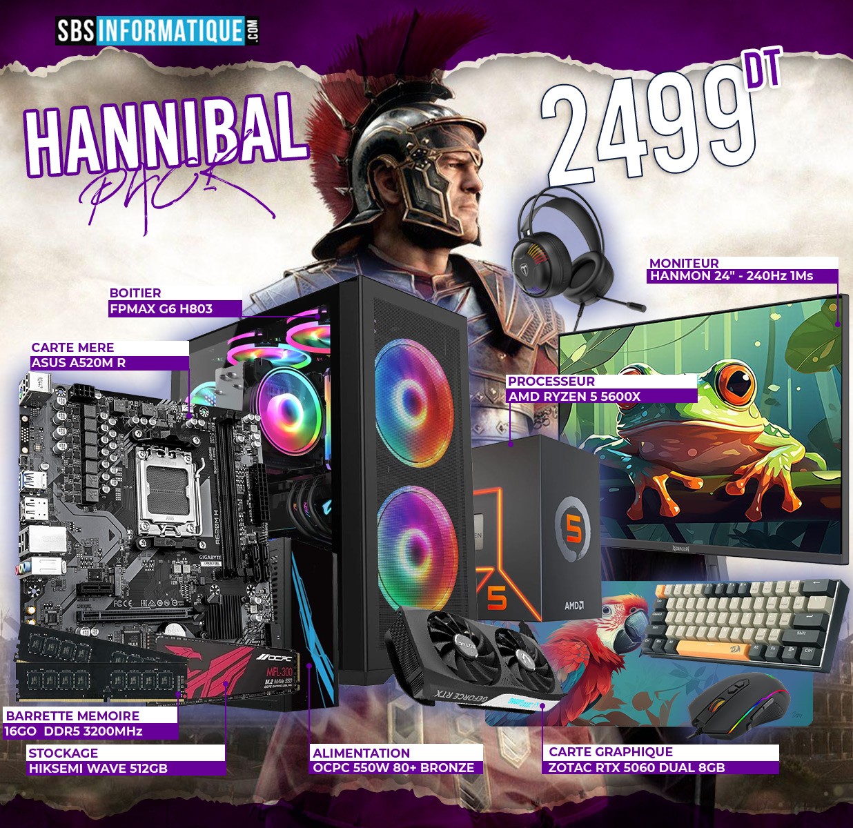 PC GAMER HANNIBAL PACK - RYZEN 5 5600X - RTX 5060 - 16Go - 512Gb