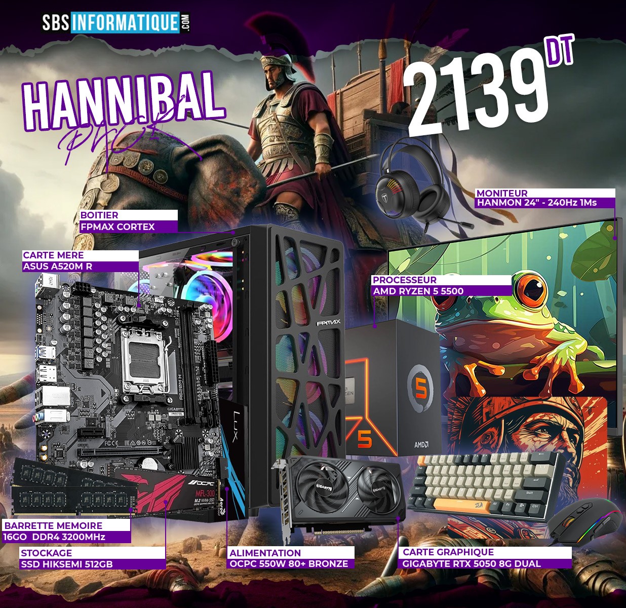 PC GAMER HANNIBAL PACK - Ryzen 5 5500 - RTX 5050 8G - 16Go - 512Go