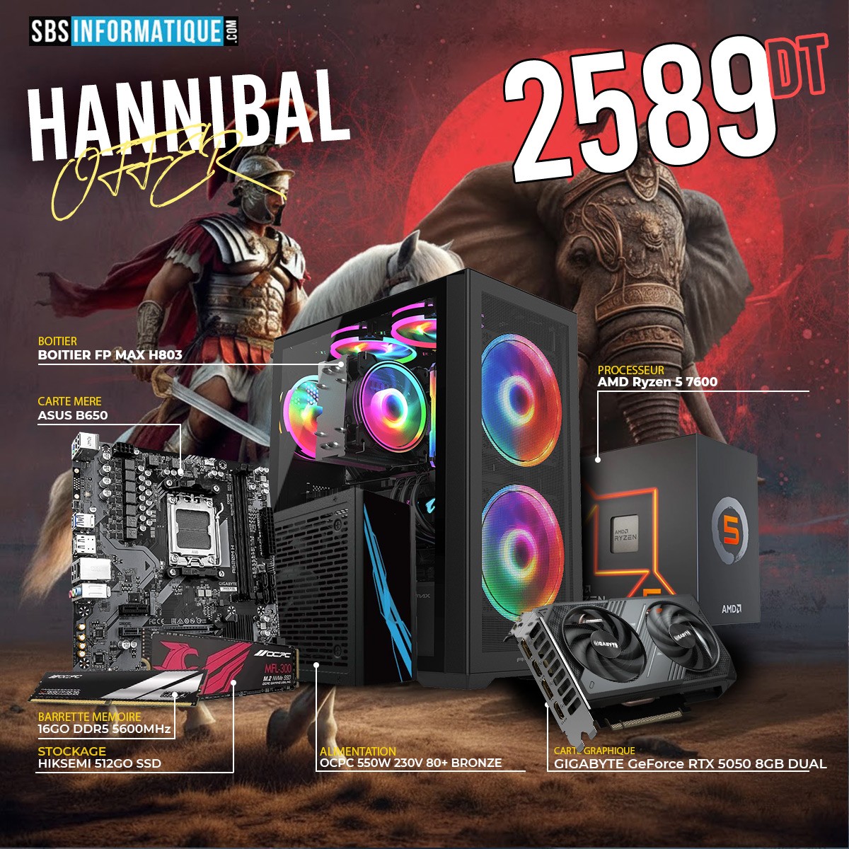 PC Gamer HANNIBAL - Ryzen 5 7600 - RTX 5050 - 16Gb - 512Go - BLACK