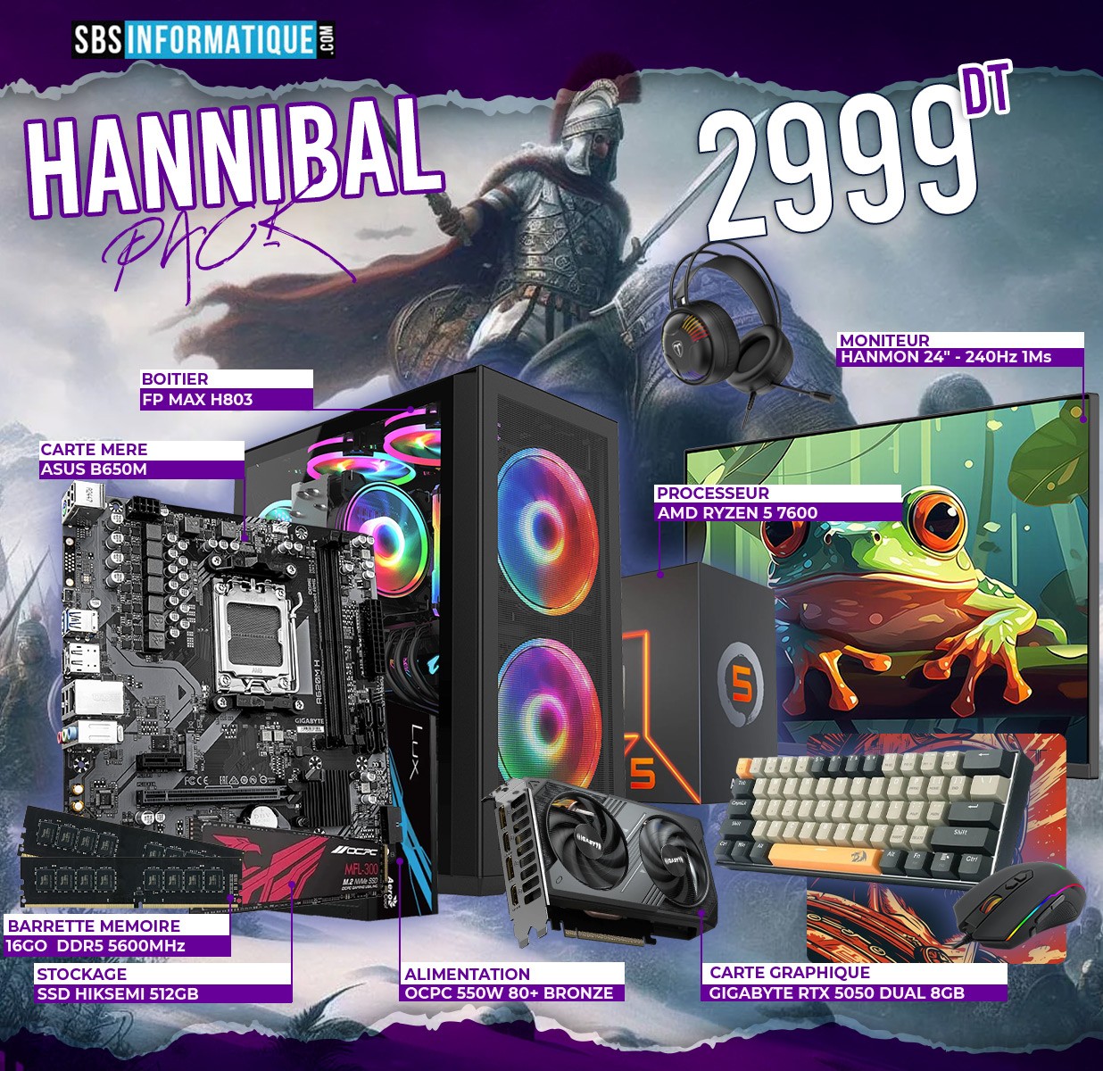 PC Gamer HANNIBAL PACK - Ryzen 5 7600 - RTX 5050 - 16Gb - 512Go - BLACK