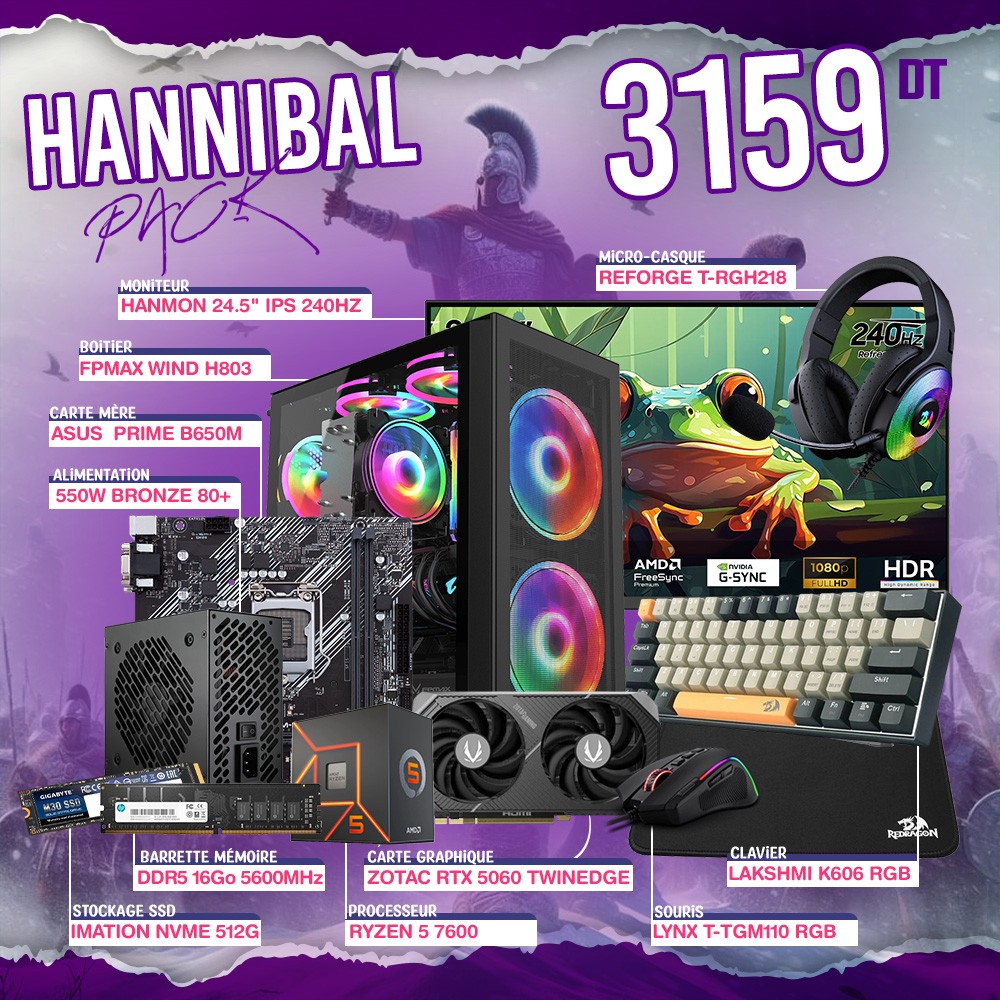 PC Gamer HANNIBAL PACK - Ryzen 5 7600 - RTX 5060 - 16Gb - 512Go - BLACK
