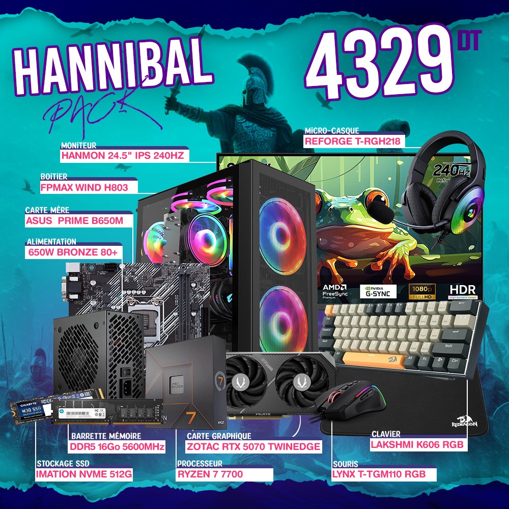 PC Gamer HANNIBAL PACK - Ryzen 5 7700 - RTX 5070 - 16Gb - 512Go - BLACK