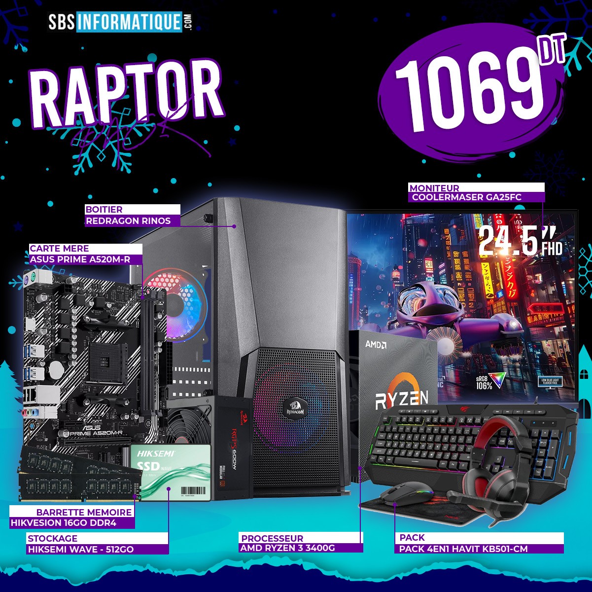 PC Gamer RAPTOR PACK - Ryzen 5 3400G - 16Gb - 512Gb