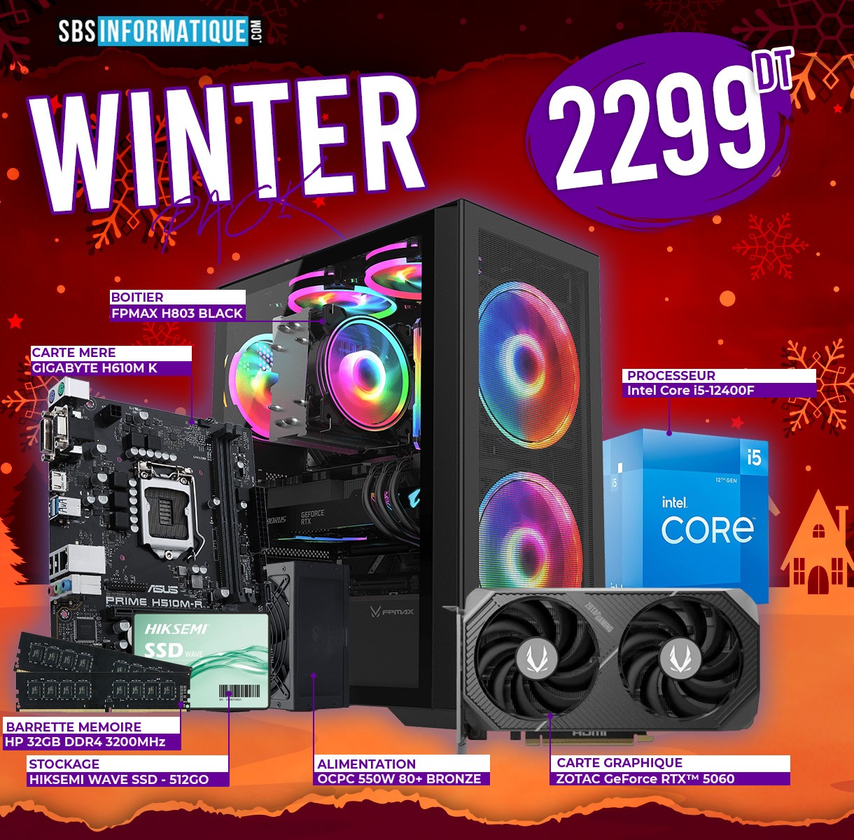 PC GAMER WINTER - INTEL I5 12400F - RTX 5060 - 32Go - 512Gb