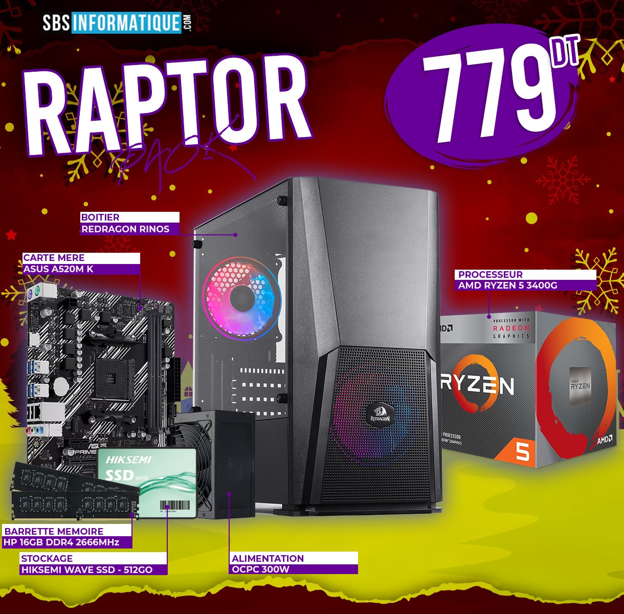 PC Gamer RAPTOR - Ryzen 5 3400G - 16Gb - 512Gb