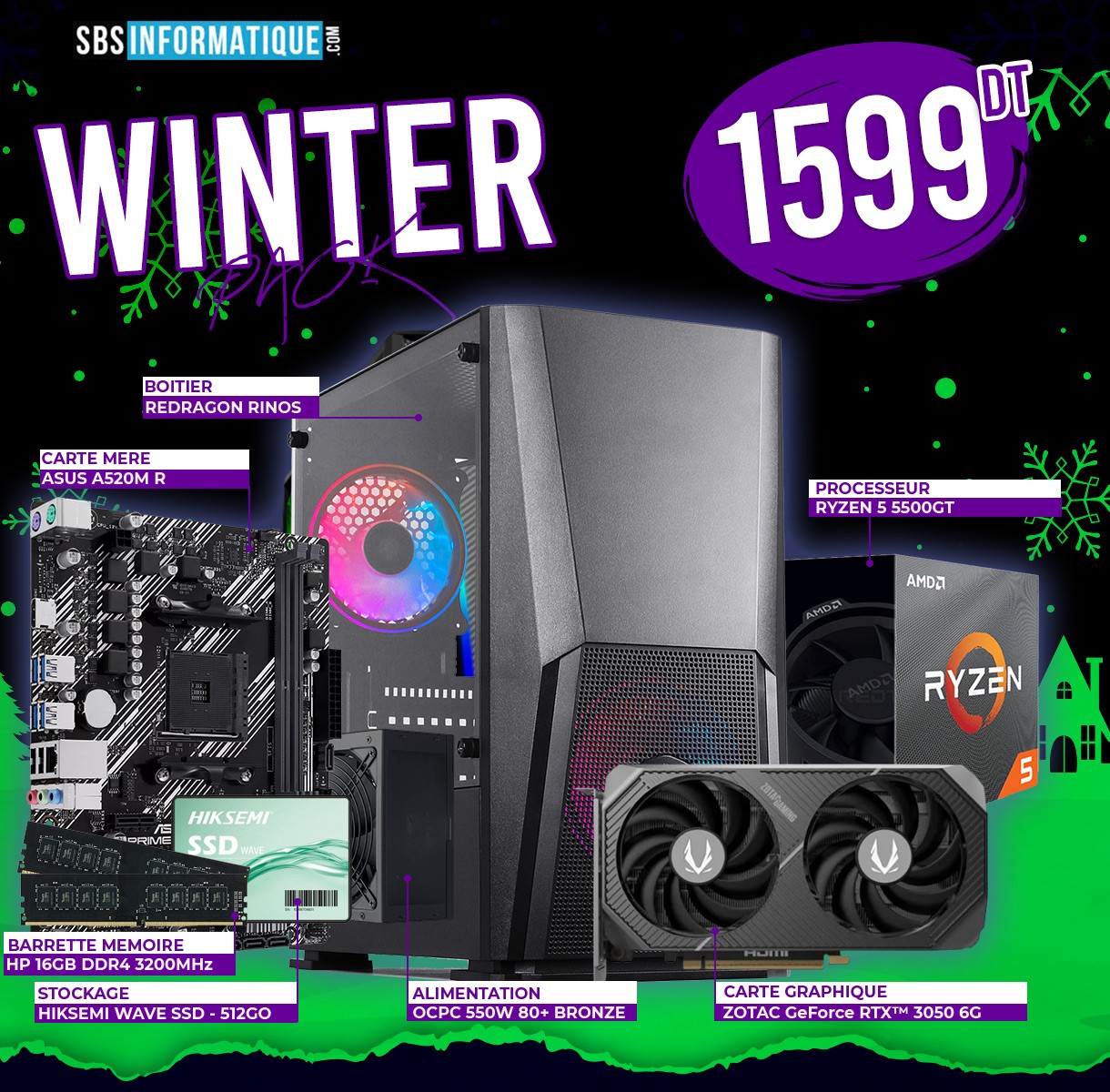 PC GAMER BARVO - RYZEN 5 5500GT - RTX 3050 - 16Go - 512Gb