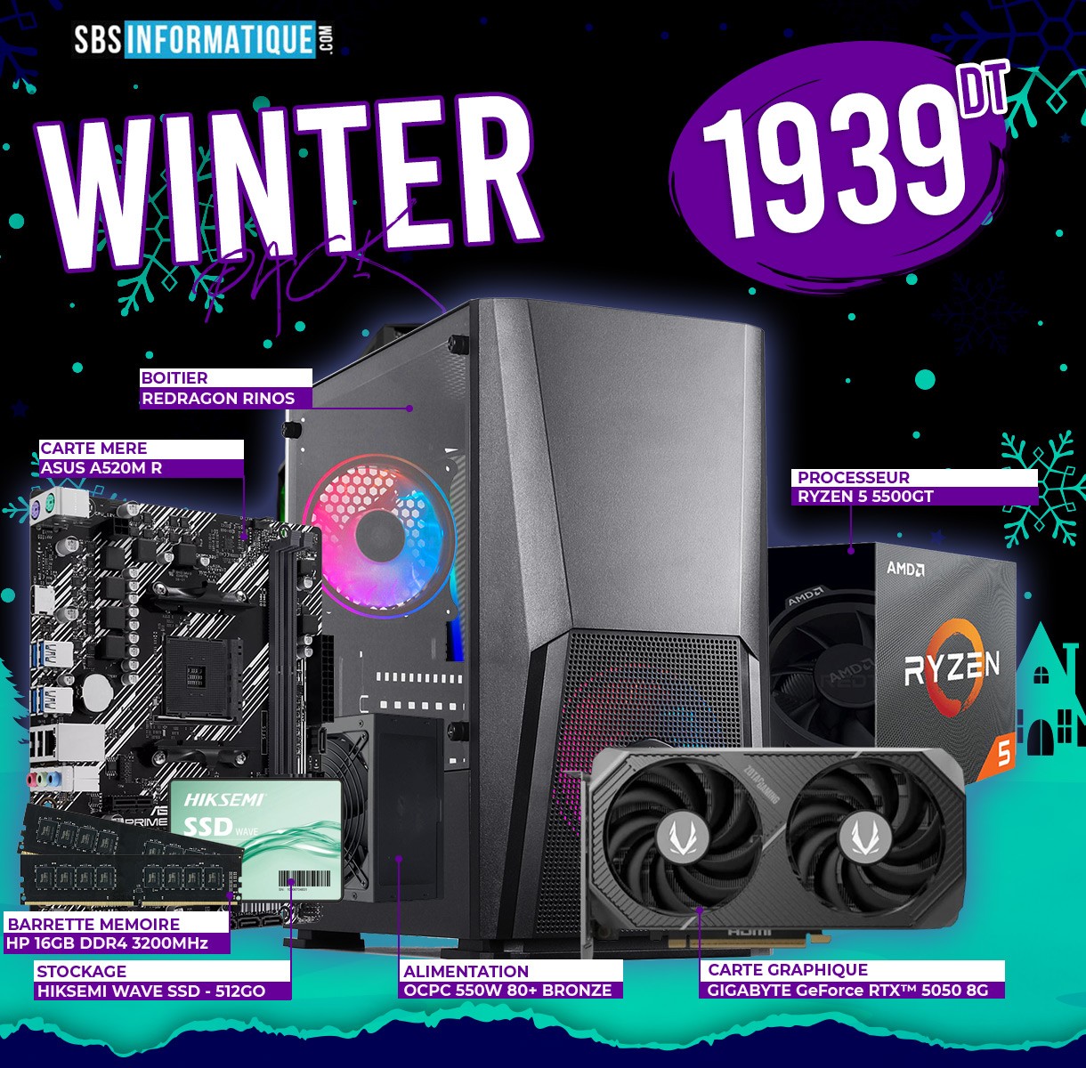 PC GAMER WINTER - RYZEN 5 5500GT - RTX 5050 - 16Go - 512Gb