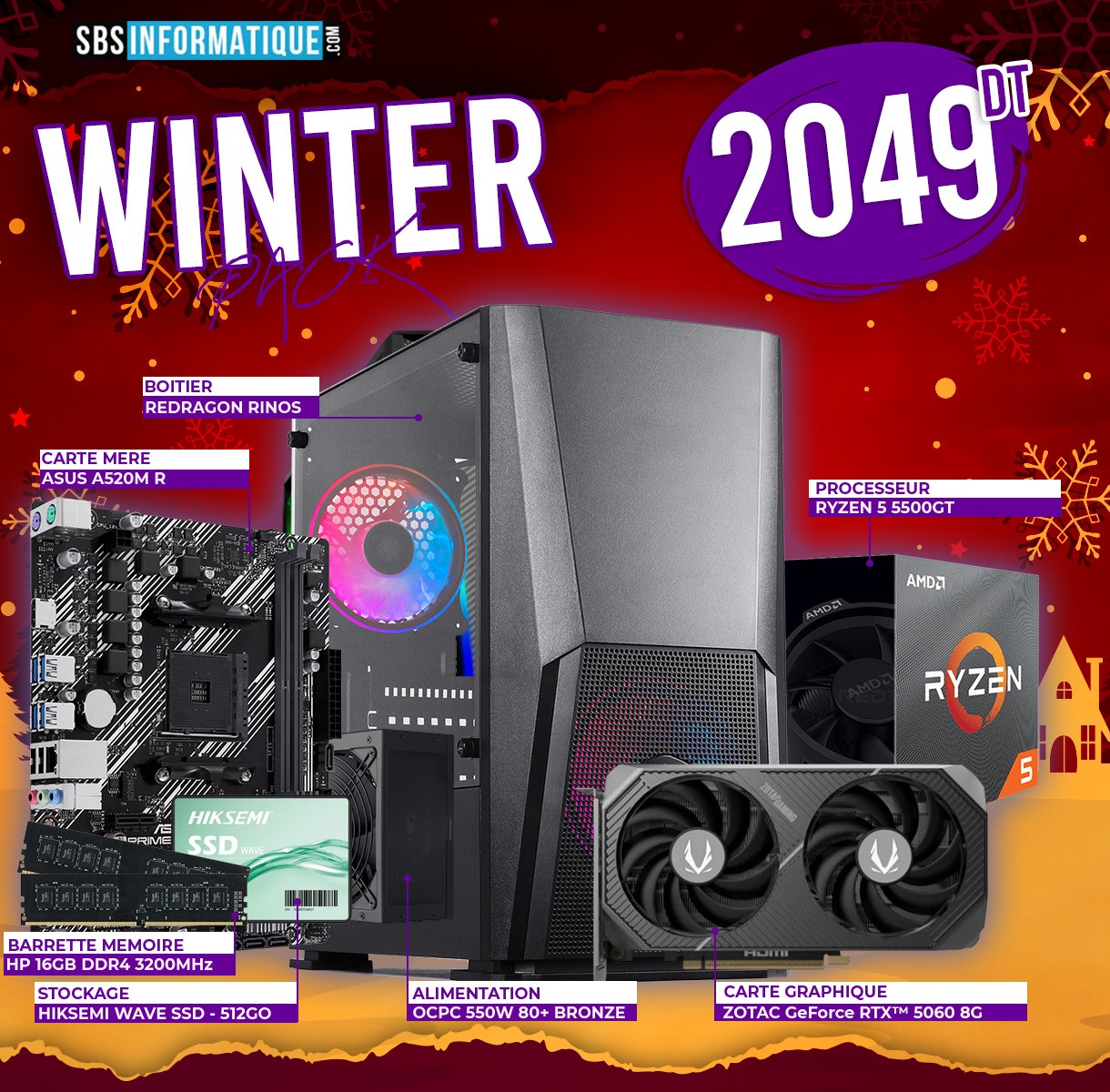 PC GAMER WINTER - RYZEN 5 5500GT - RTX 5060 - 16Go - 512Gb