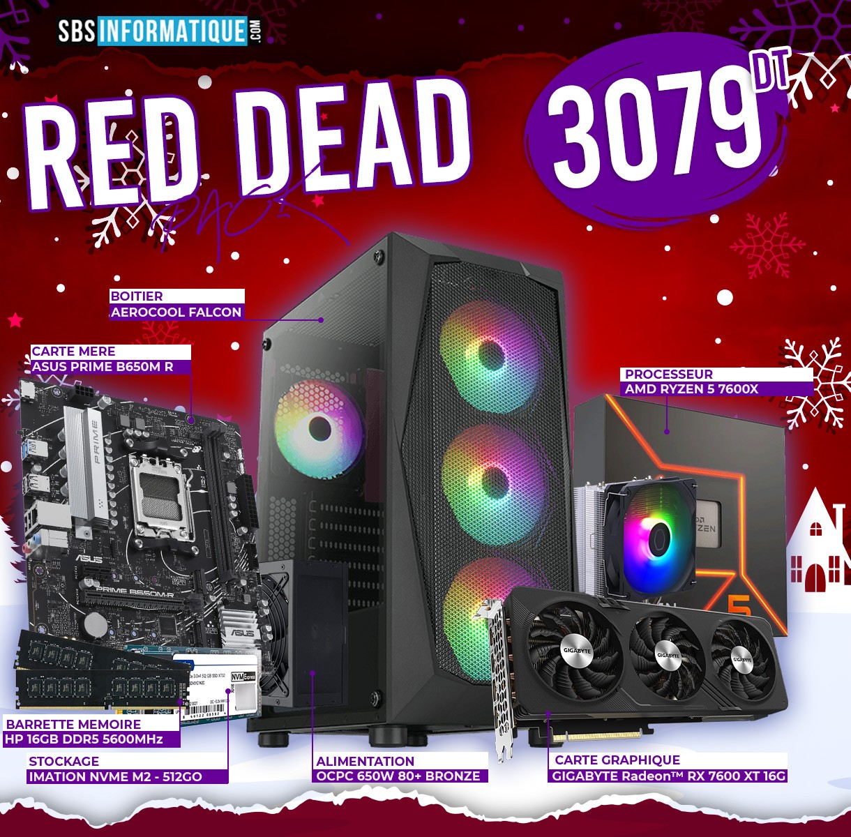 PC GAMER RED DEAD - Ryzen 5 7600X - RX 7600XT 16G - 16Go - 512Gb