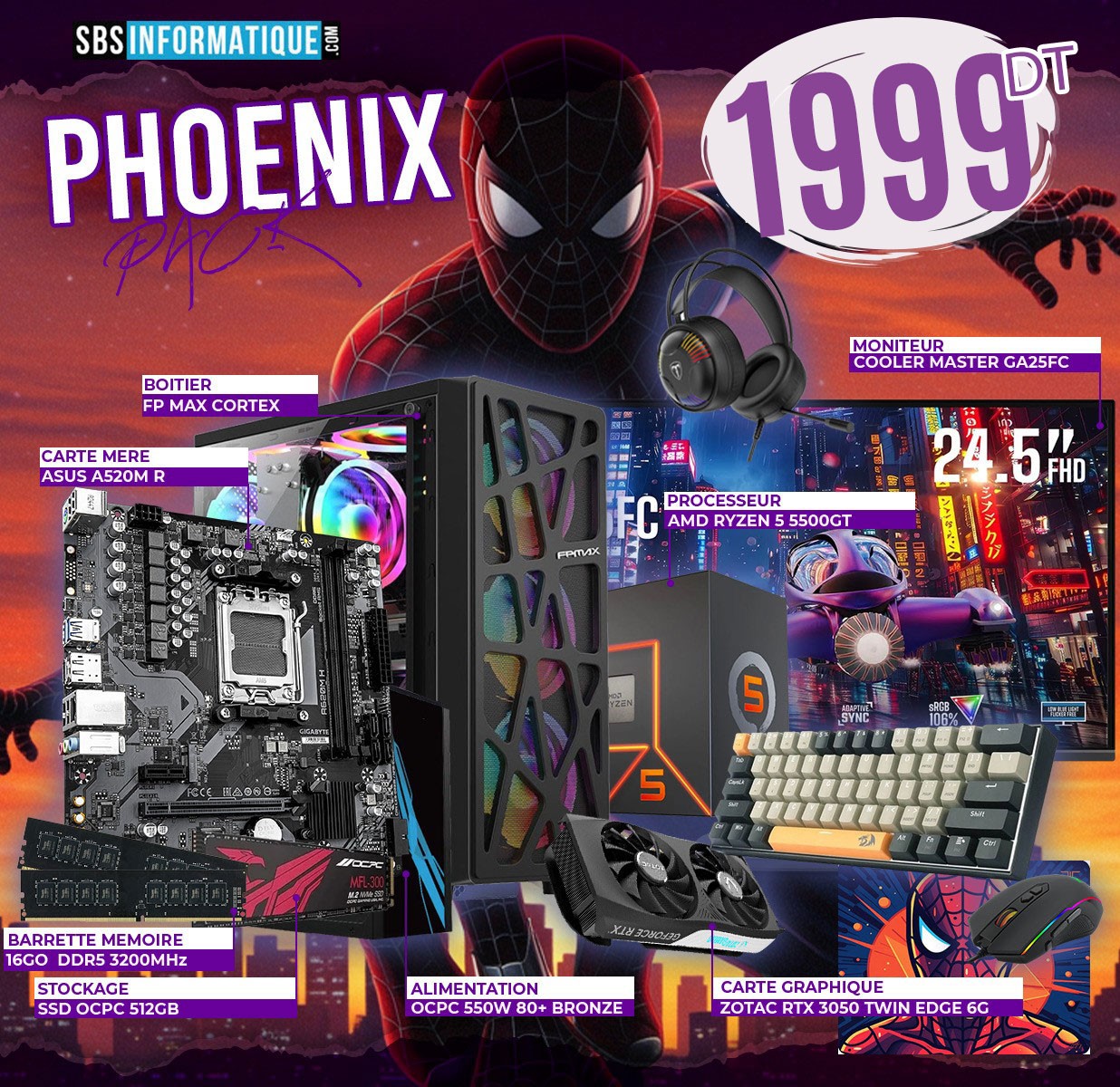 PC Gamer PHOENIX PACK - Ryzen 5 5500GT - RTX 3050 6Go - 16Gb - 512 Gb - BLACK