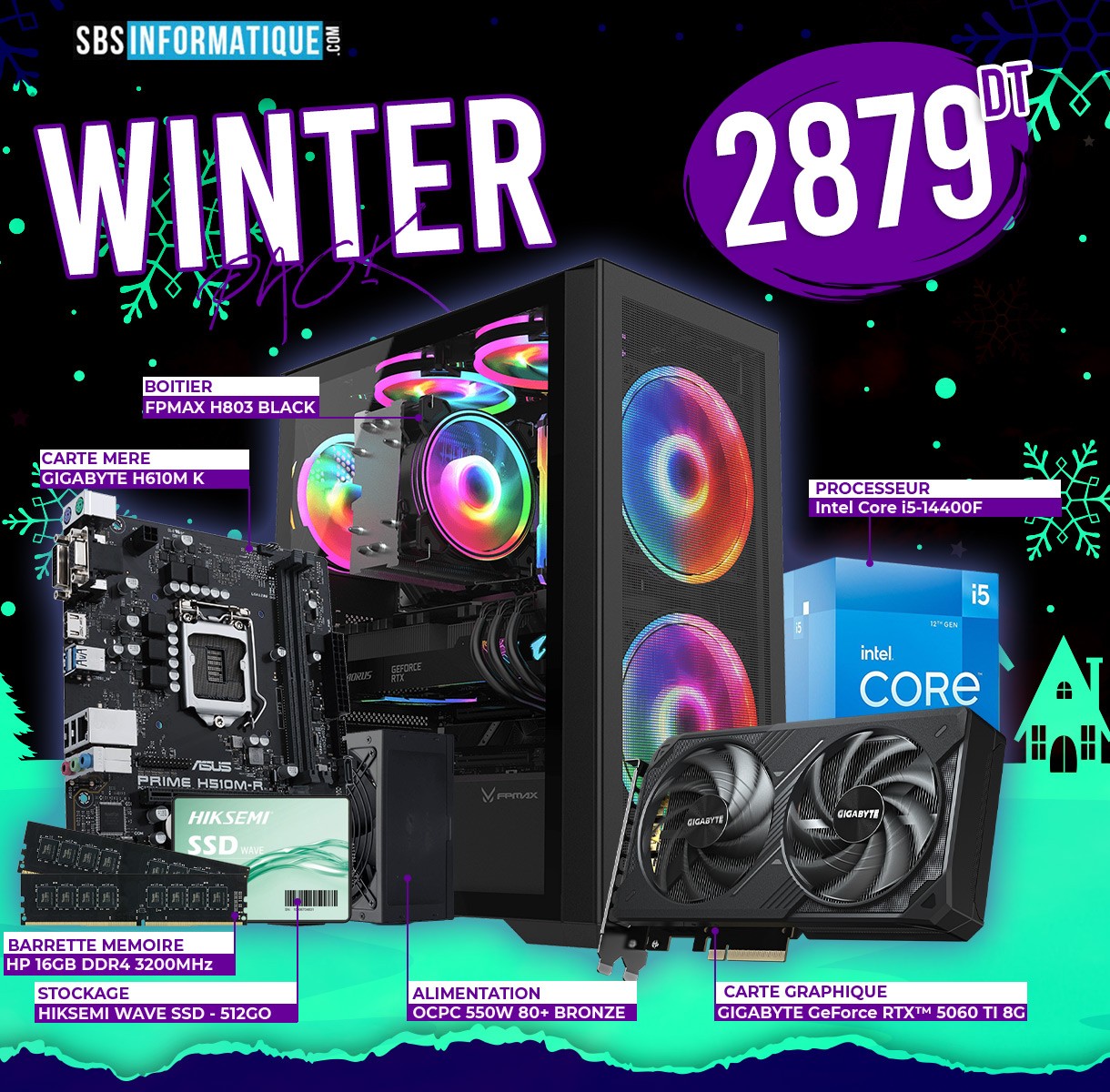 PC GAMER WINTER - INTEL I5 14400F - RTX 5060 TI 8G - 16Go - 512Go