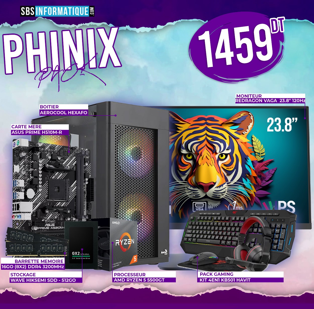 PC GAMER PHINIX PACK - Ryzen 5 5500Gt - Vega Radeon - 16Go - 512Go