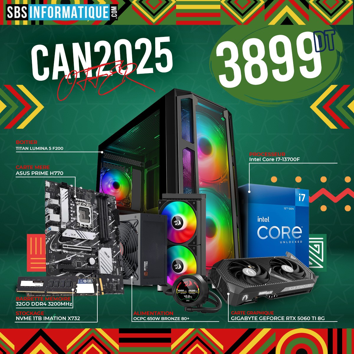 PC Gamer CAN - i7-13700F - RTX 5060 TI 8Gb - 32Gb - 1Tb