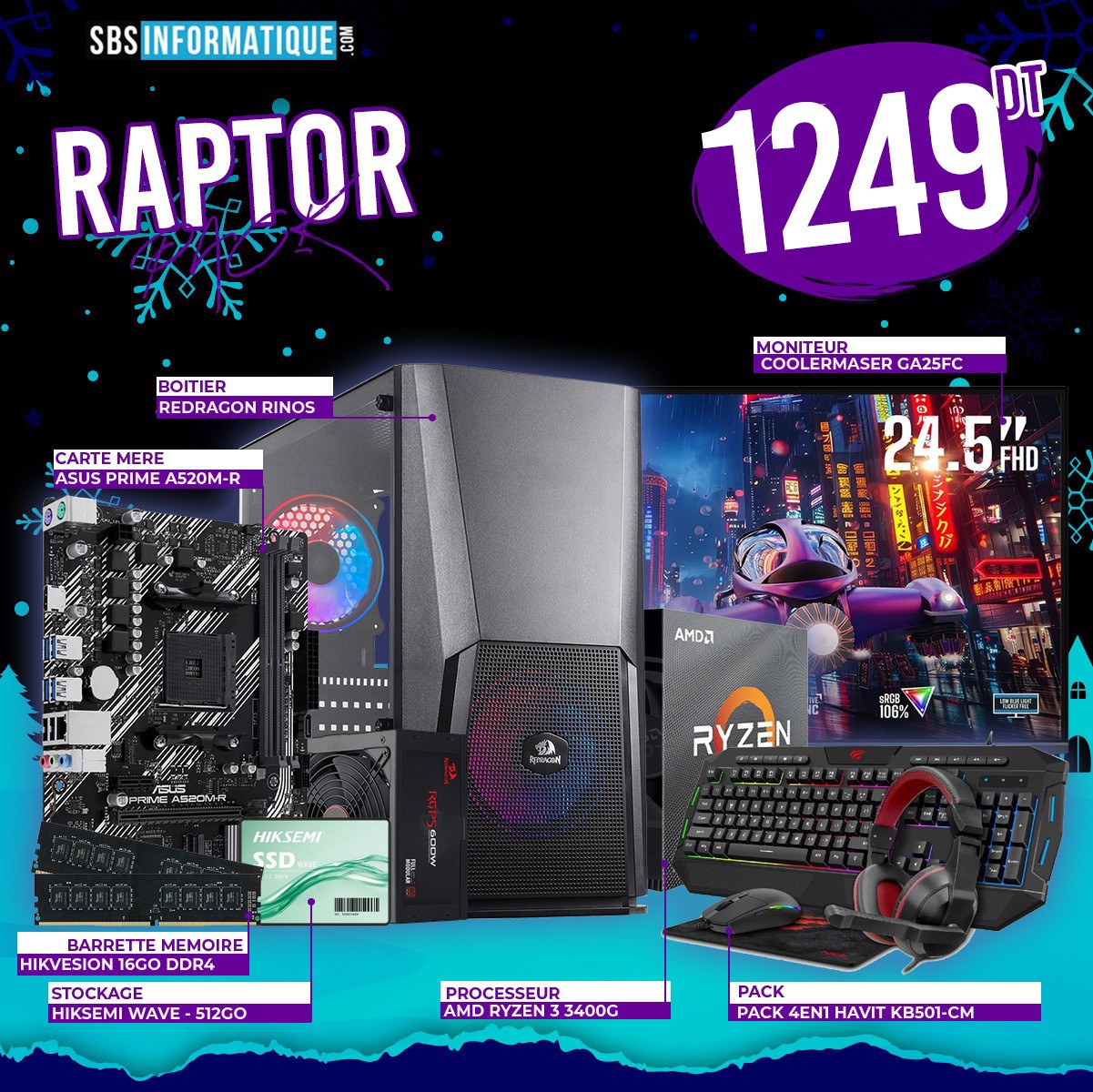 PC Gamer RAPTOR PACK - Ryzen 5 3400G - 16Gb - 512Gb