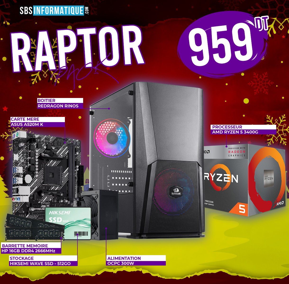 PC Gamer RAPTOR - Ryzen 5 3400G - 16Gb - 512Gb