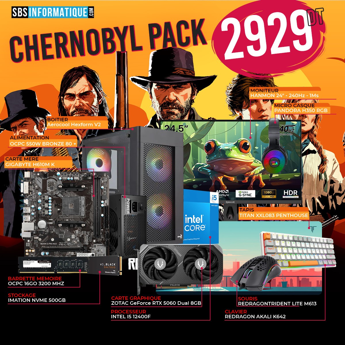 PC GAMER Chernobyl PACK - INTEL I5 12400F - RTX 5060 8G - 16Go - 512Go - 2 929,000&nbsp;TND