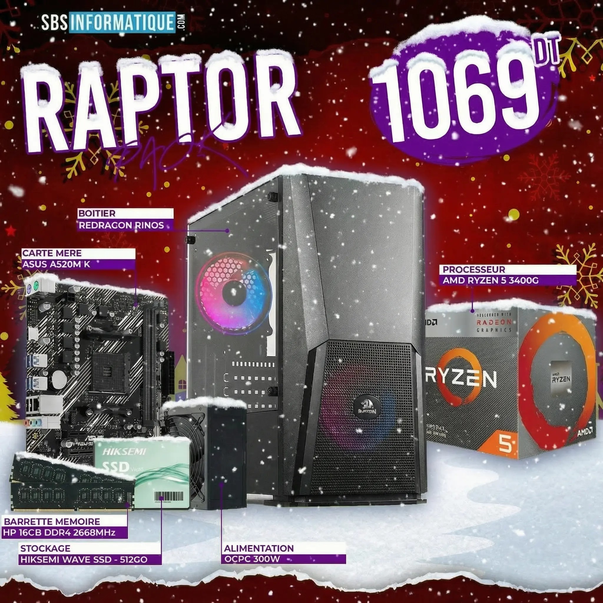 PC Gamer RAPTOR - Ryzen 5 3400G - 16Gb - 512Gb