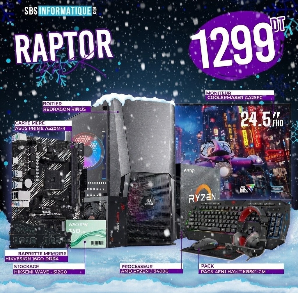 PC Gamer RAPTOR PACK - Ryzen 5 3400G - 16Gb - 256Gb