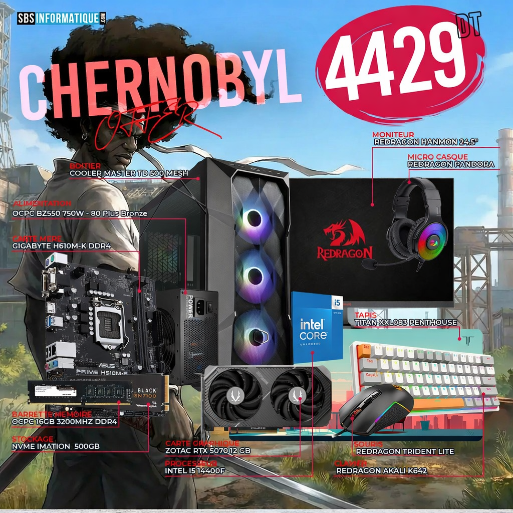 PC GAMER Chernobyl PACK - INTEL I5 14400F - RTX 5070 - 16Go - 512Go