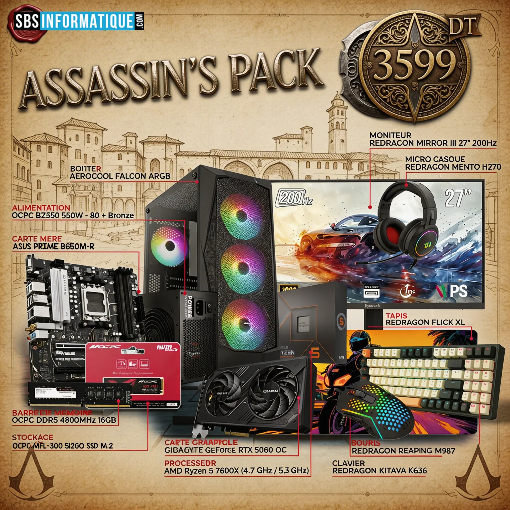 PC GAMER ASSASSIN'S PACK - Ryzen 5 7600X - RTX 5060 8G - 16Go - 512Go