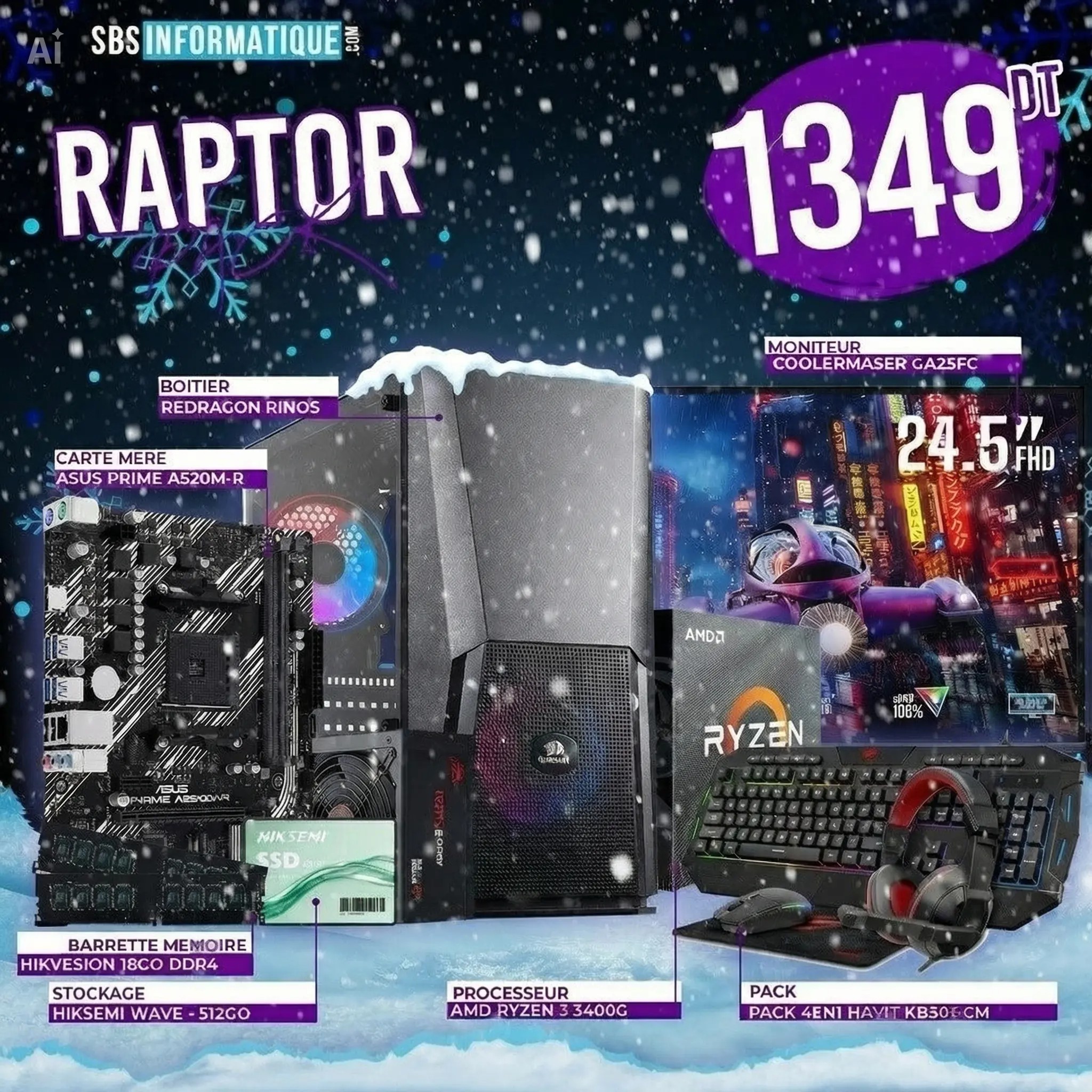 PC Gamer RAPTOR PACK - Ryzen 5 3400G - 16Gb - 256Gb