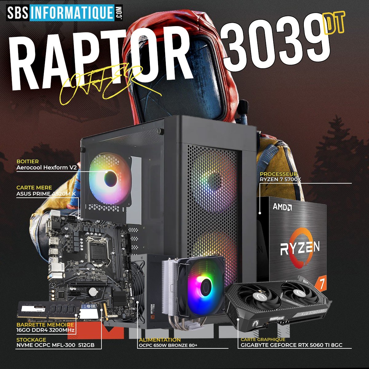 PC GAMER PHENIX - Ryzen 7 5700X - RTX 5060 TI 8G - 16Go - 512Go