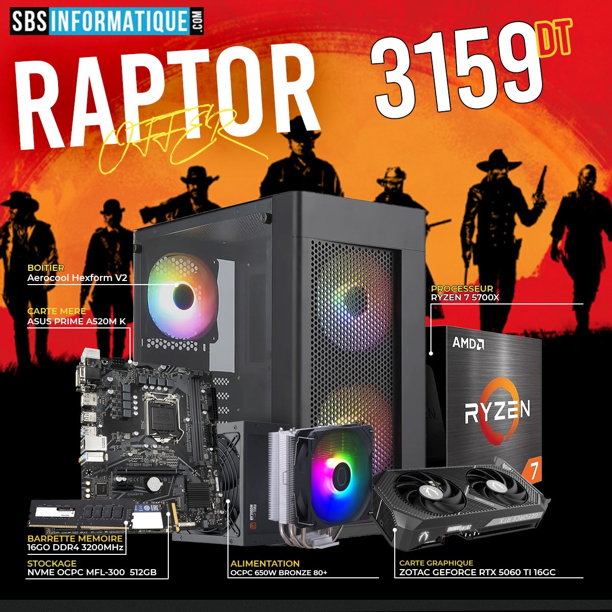 PC GAMER PHENIX - Ryzen 7 5700X - RTX 5060 TI 16G - 16Go - 512Go