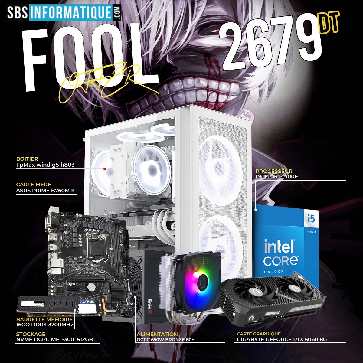 PC GAMER SAMURAI - INTEL I5 14400F - RTX 5060 8G - 16Go - 512Go