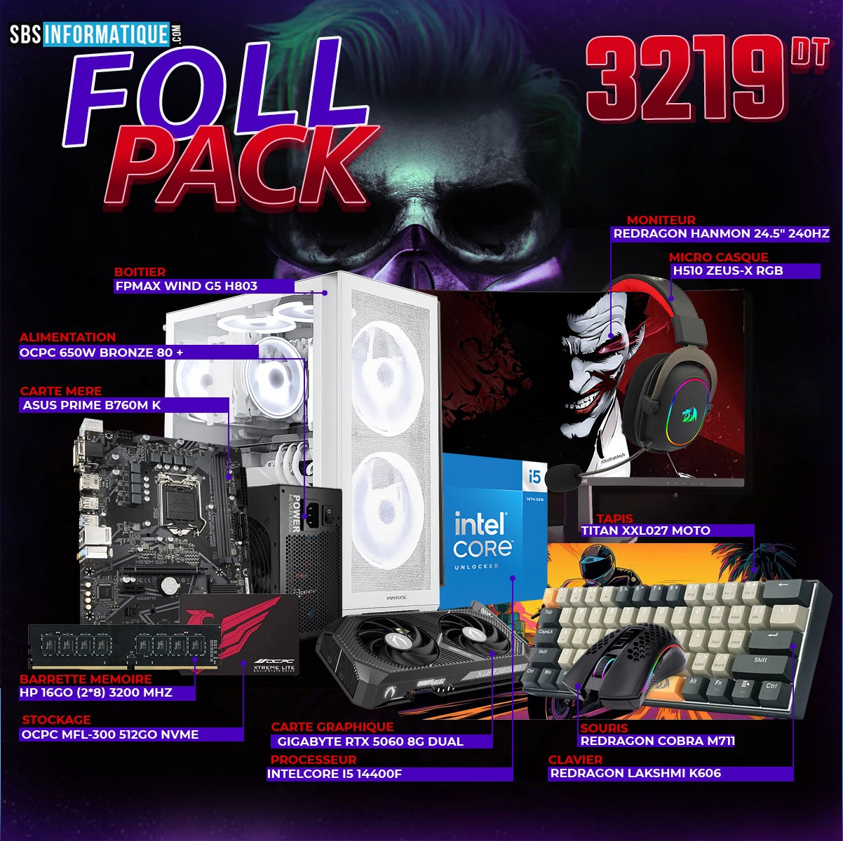 PC GAMER SAMURAI PACK - INTEL I5 14400F - RTX 5060 8G - 16Go - 512Go