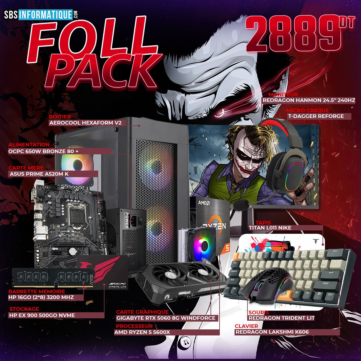 PC GAMER RAPTOR PACK - Ryzen 5 5600X - RTX 5060 8G - 16Go - 512Go