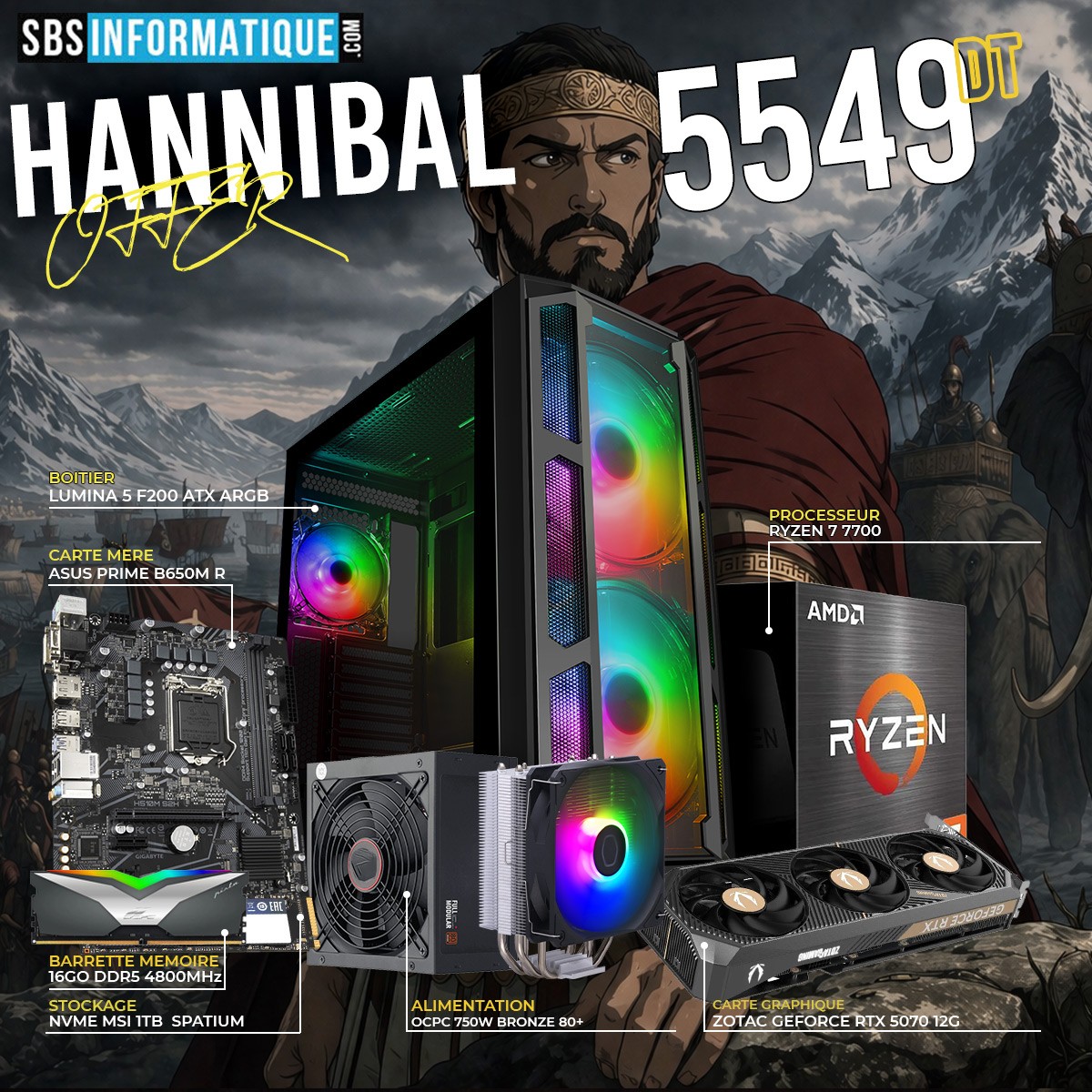 PC Gamer HANNIBAL - Ryzen 7 7700 - RTX 5070 TI - 16Gb - 1TB - BLACK