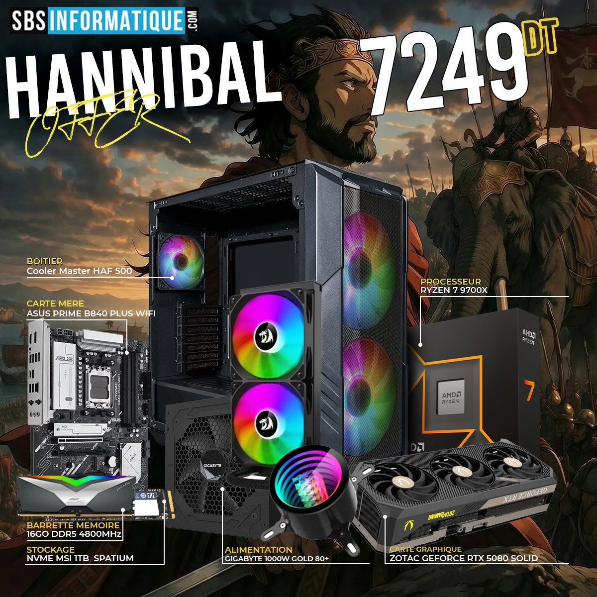 PC Gamer HANNIBAL - Ryzen 7 9700X - RTX 5080 - 16Gb - 1TB - BLACK