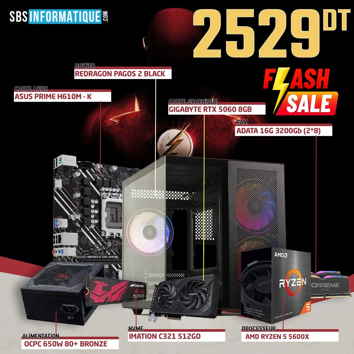 PC GAMER FLASH - RYZEN 5 5600X - RTX 5060 8G - 16Go - 512Go