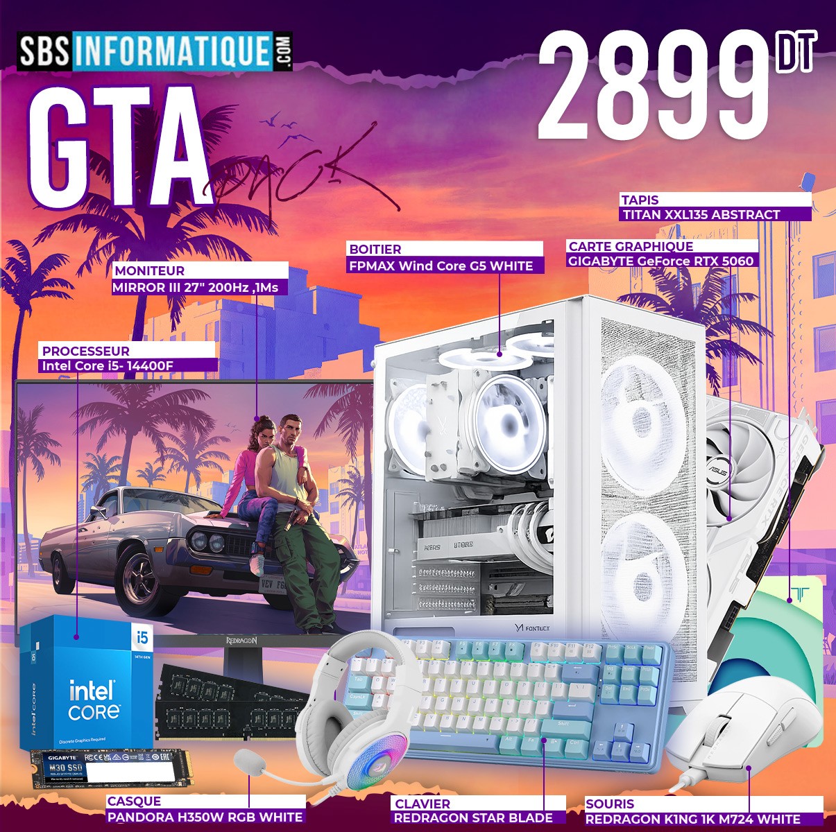 PC Gamer GTA PACK - INTEL I5 - 14400F - RTX 5060 8Go - 16Go - 512Go