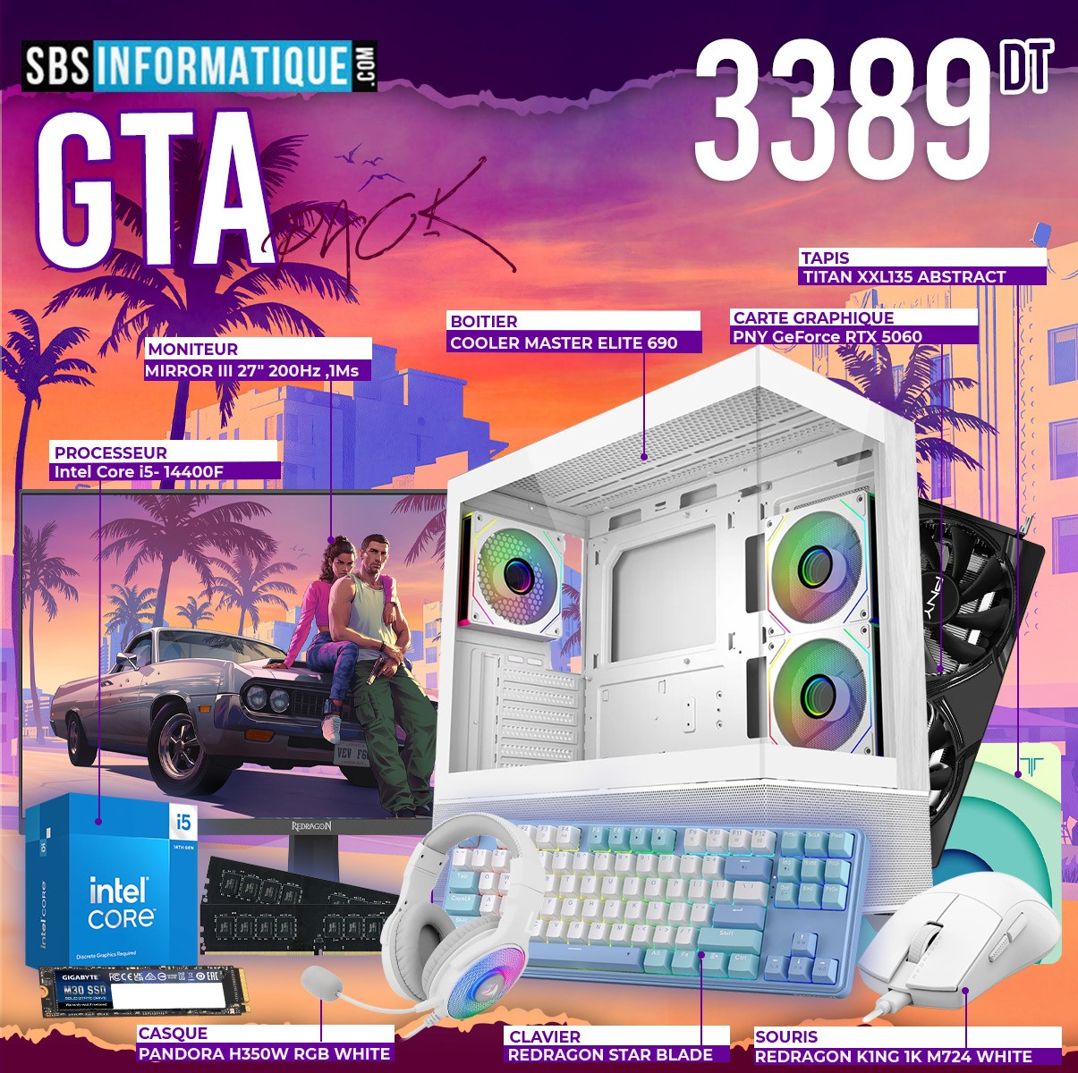 PC Gamer GTA PACK - INTEL I5 - 14400F - RTX 5060 8Go - 16Go - 512Go