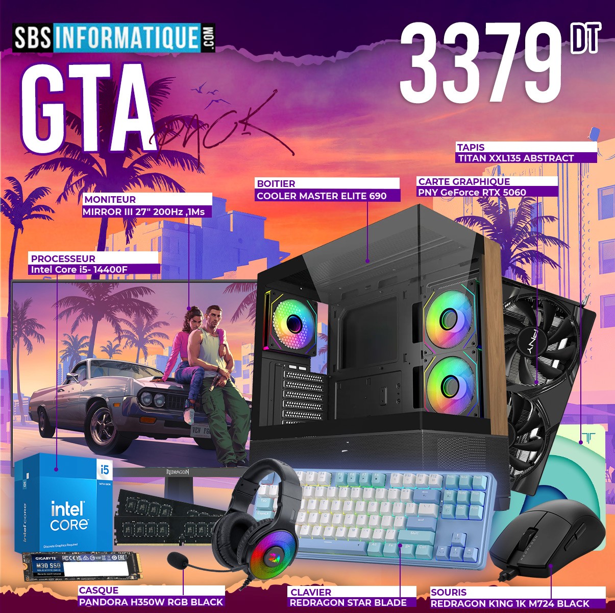 PC Gamer GTA PACK - INTEL I5 - 14400F - RTX 5060 8Go - 16Go - 512Go - BLACK