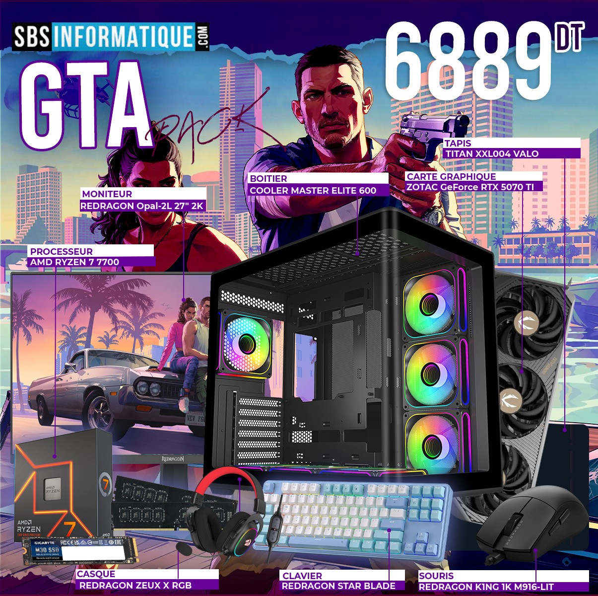 PC GAMER GTA PACK - RYZEN 7 7700 - RTX 5070 TI - 16Go - 512Go
