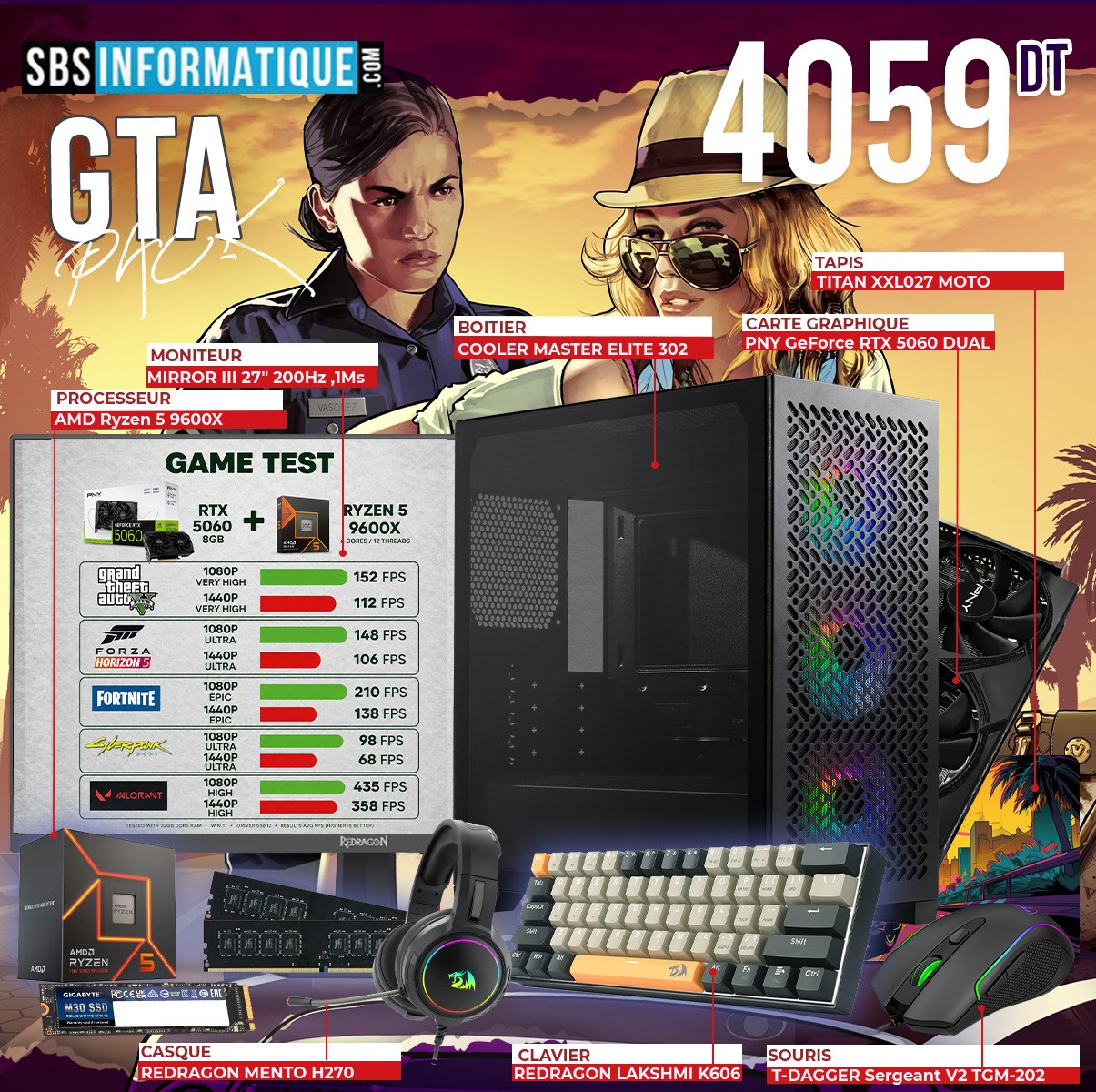 PC GAMER GTA PACK - Ryzen 5 9600X - RTX 5060 8G - 16Go - 512Go