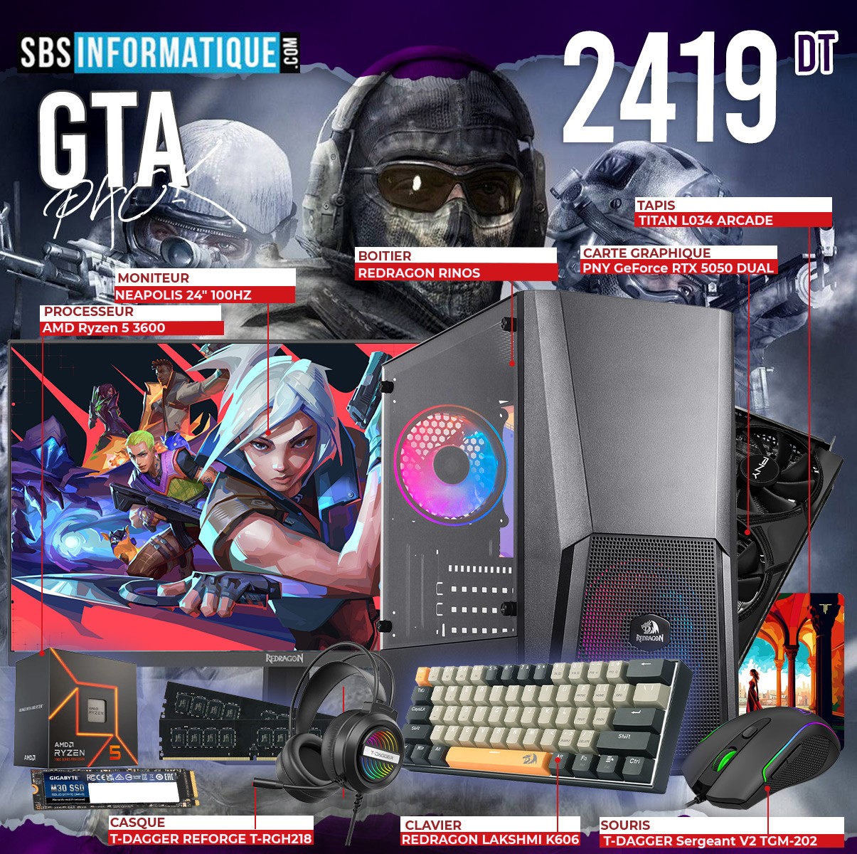 PC GAMER RAPTOR PACK - Ryzen 5 3600 - RTX 5050 8G - 16Go - 512Go