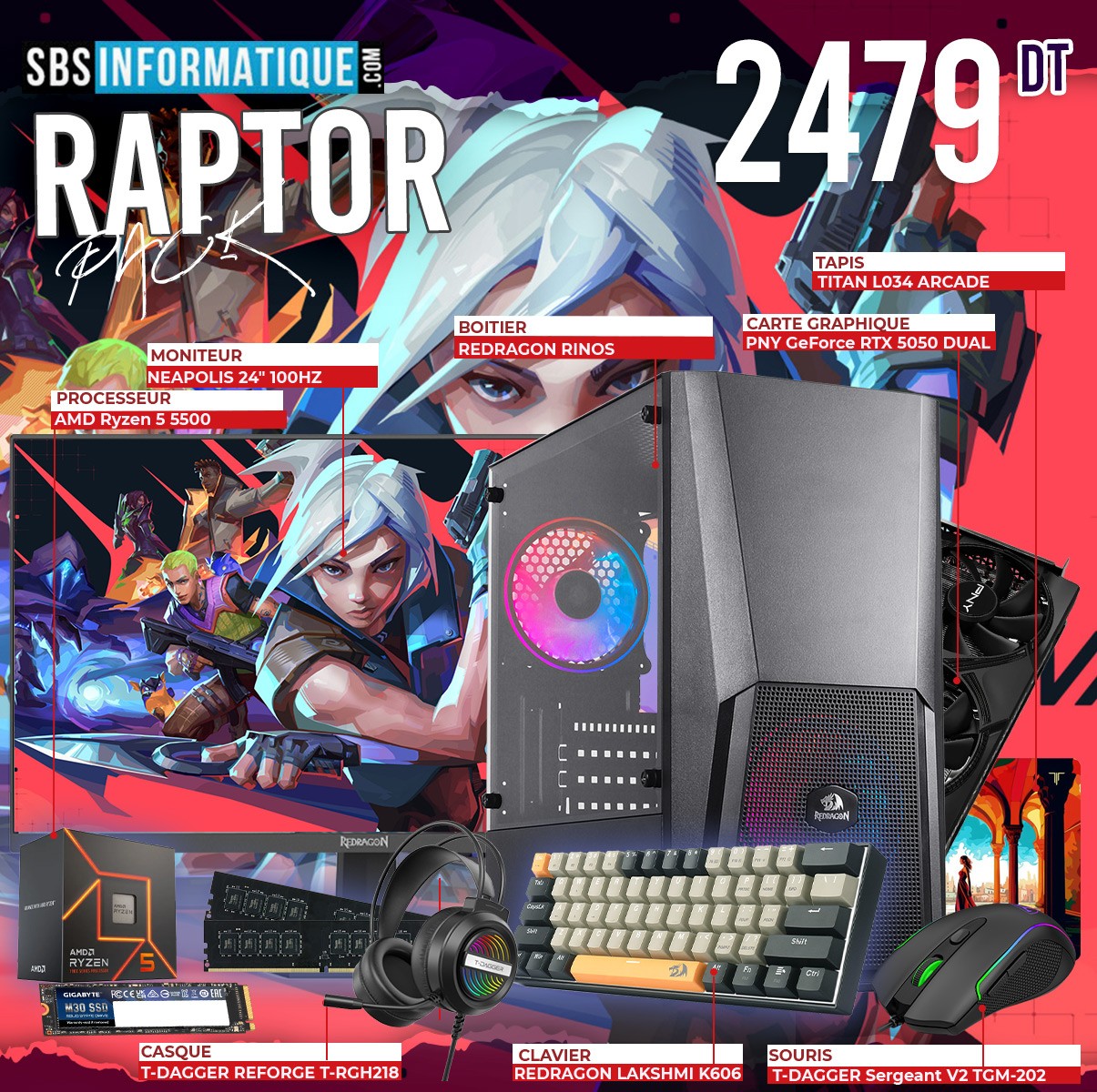 PC GAMER RAPTOR PACK - Ryzen 5 5500 - RTX 5050 8G - 16Go - 512Go