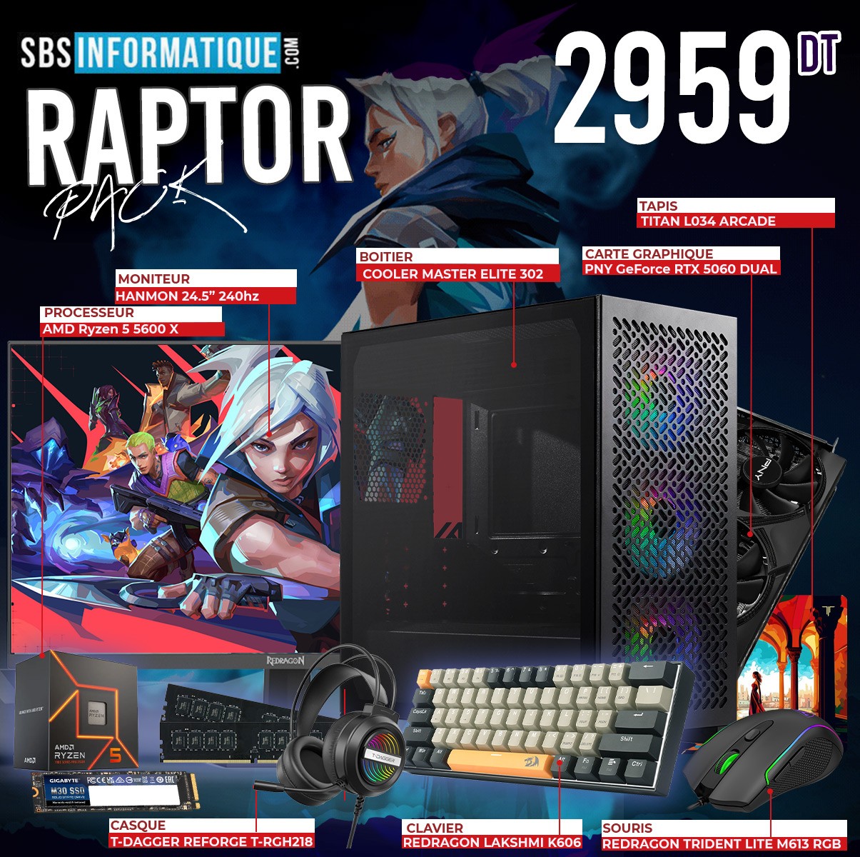 PC GAMER RAPTOR PACK - Ryzen 5 5600X - RTX 5060 8G - 16Go - 512Go