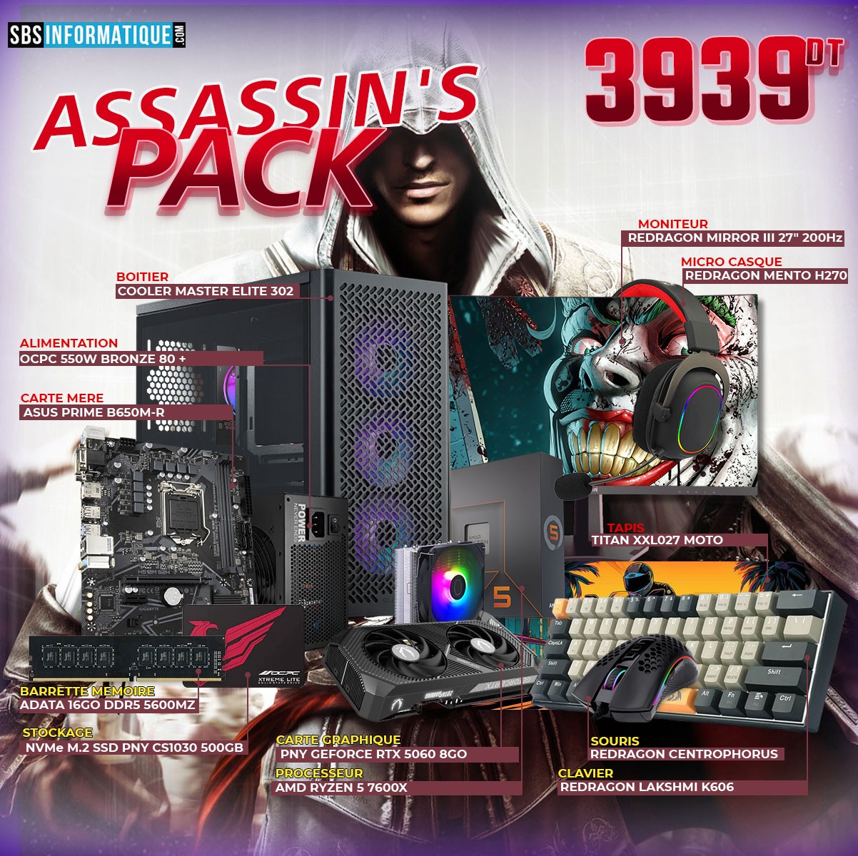 PC GAMER ASSASSIN'S PACK - Ryzen 5 7600X - RTX 5060 8G - 16Go - 512Go