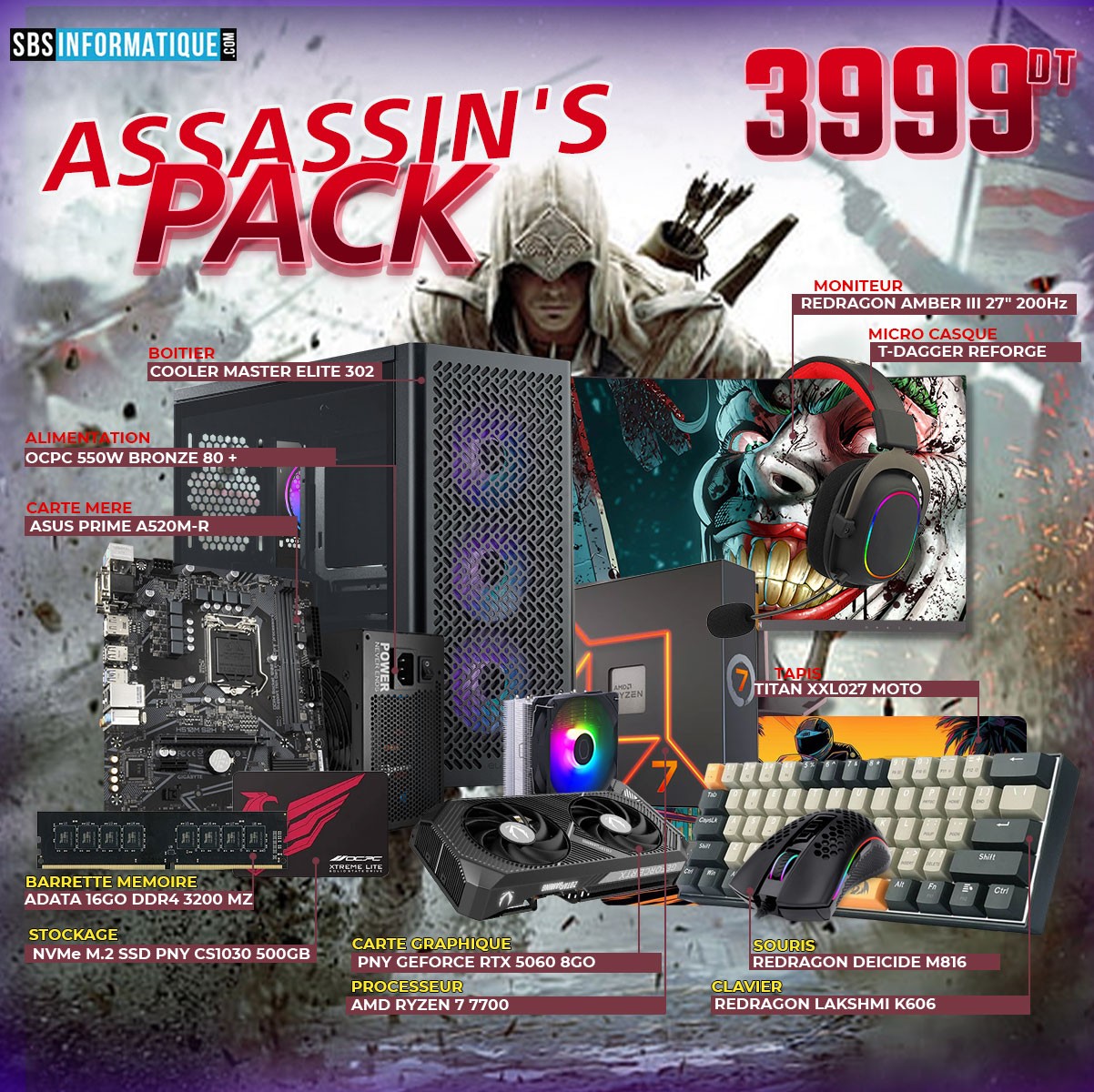 PC GAMER ASSASSIN4S PACK - RYZEN 7 7700 - RTX 5060 - 16Go - 512Go