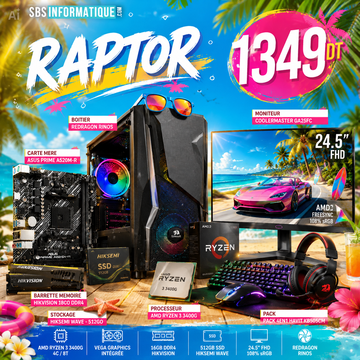 PC Gamer RAPTOR PACK - Ryzen 5 3400G - 16Gb - 512Gb