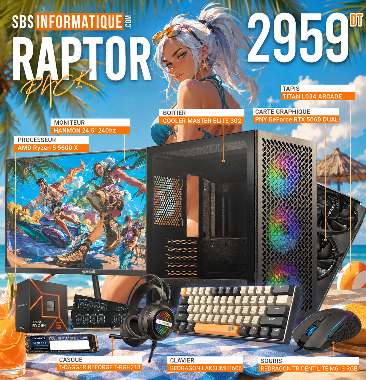 PC GAMER RAPTOR PACK - Ryzen 5 5600X - RTX 5060 8G - 16Go - 512Go