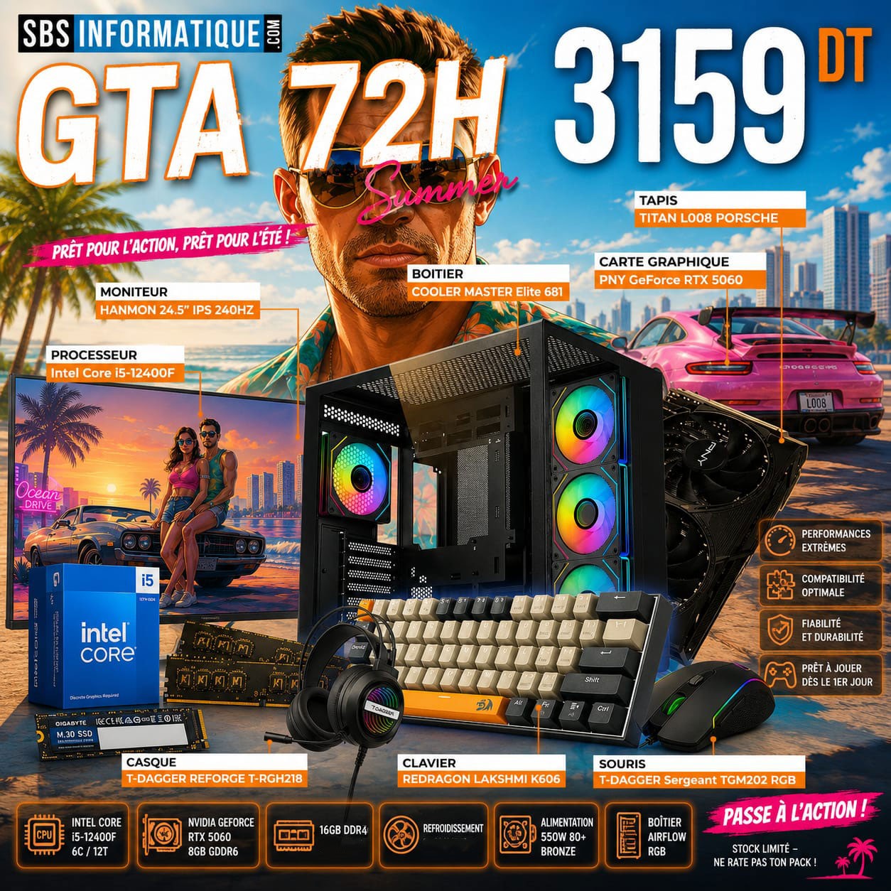 PC GAMER GTA PACK - INTEL I5 12400F - RTX 5060 8G - 16Go - 1TB