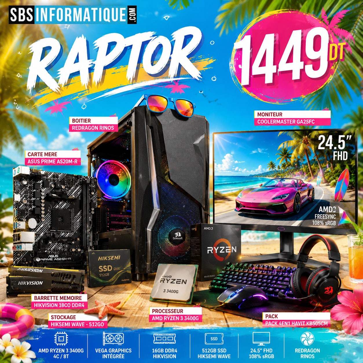 PC Gamer RAPTOR PACK - Ryzen 5 3400G - 16Gb - 512Gb