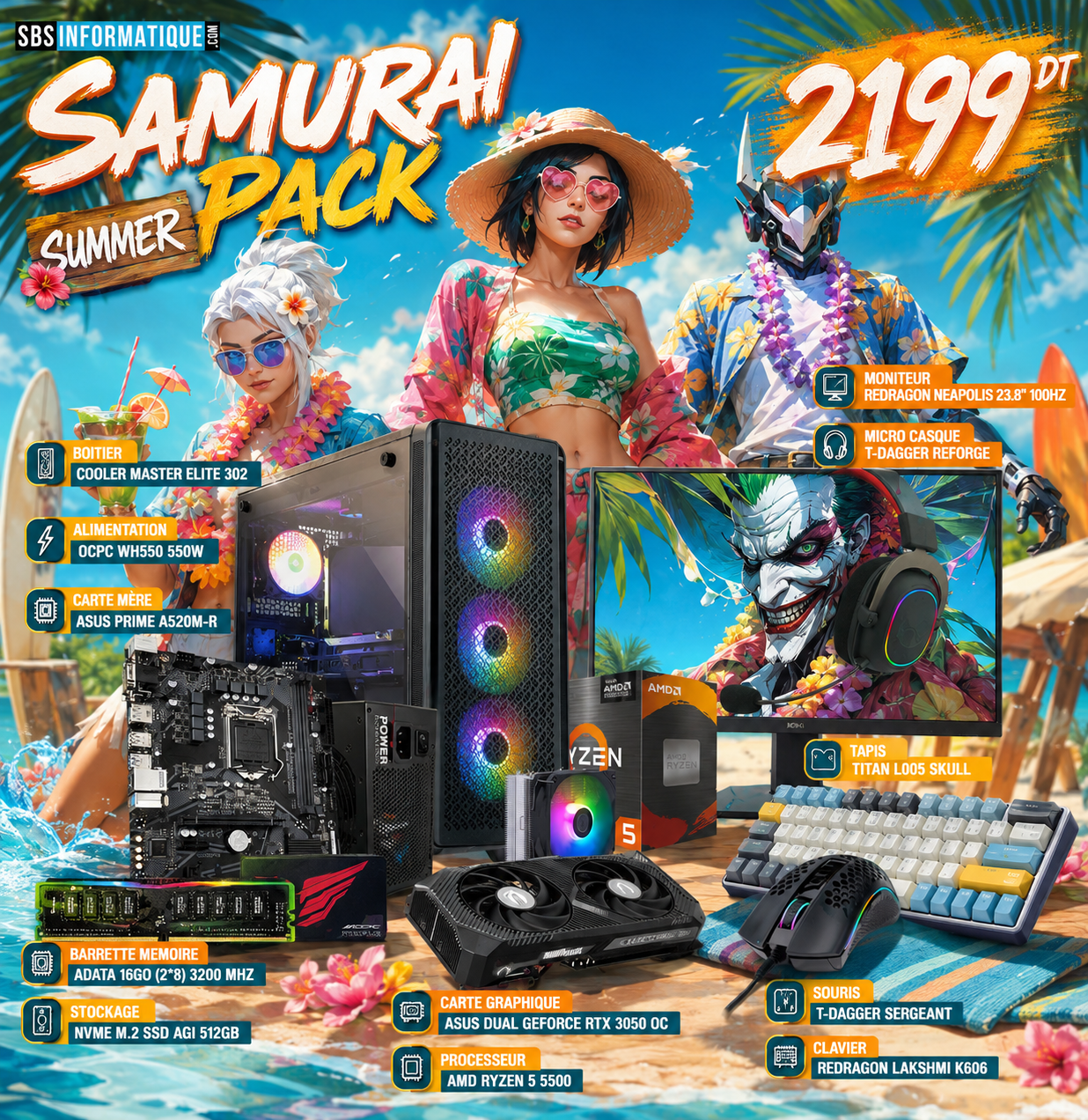 PC Gamer SAMURAI PACK - Ryzen 5 5500 - RTX 3050 6Go - 16Gb - 512 Gb - BLACK