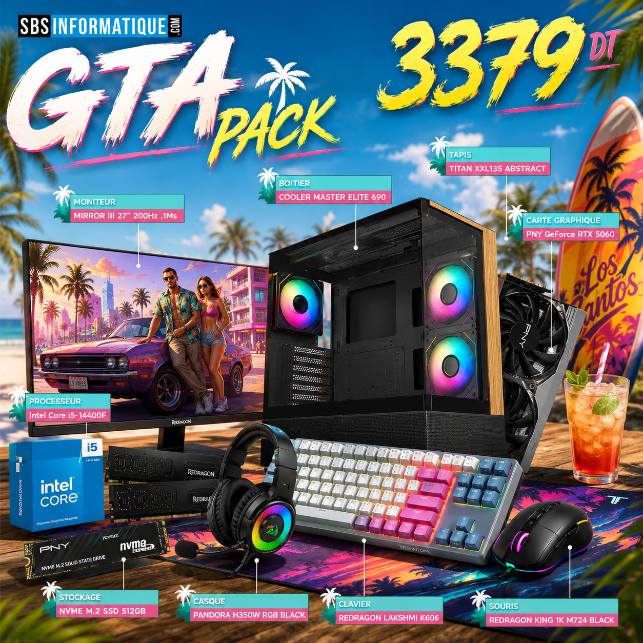 PC Gamer GTA PC - INTEL I5 - 14400F - RTX 5060 8Go - 16Go - 512Go - BLACK